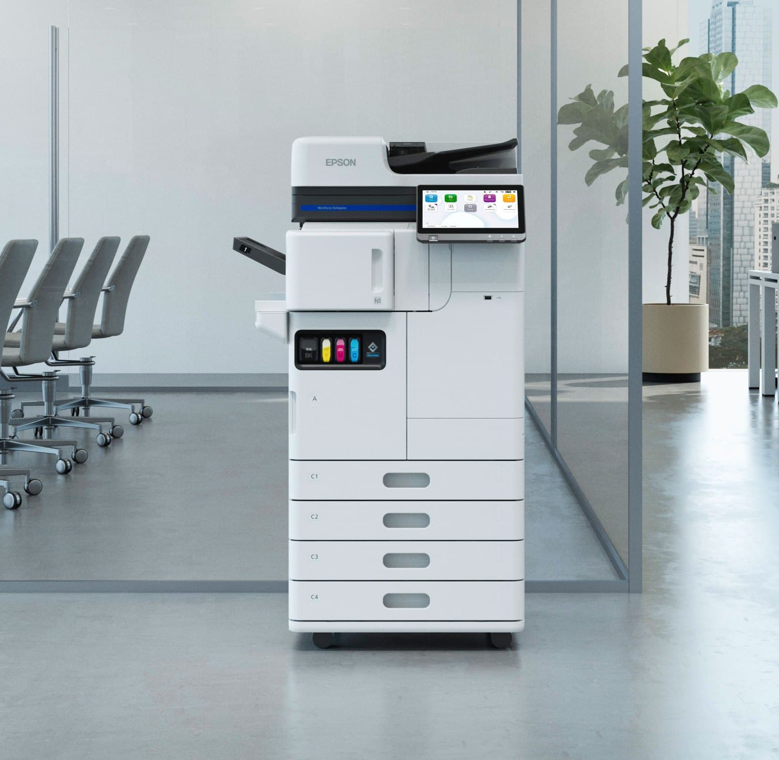 An Epson WorkForce Enterprise multifunction printer in a glass-walled office