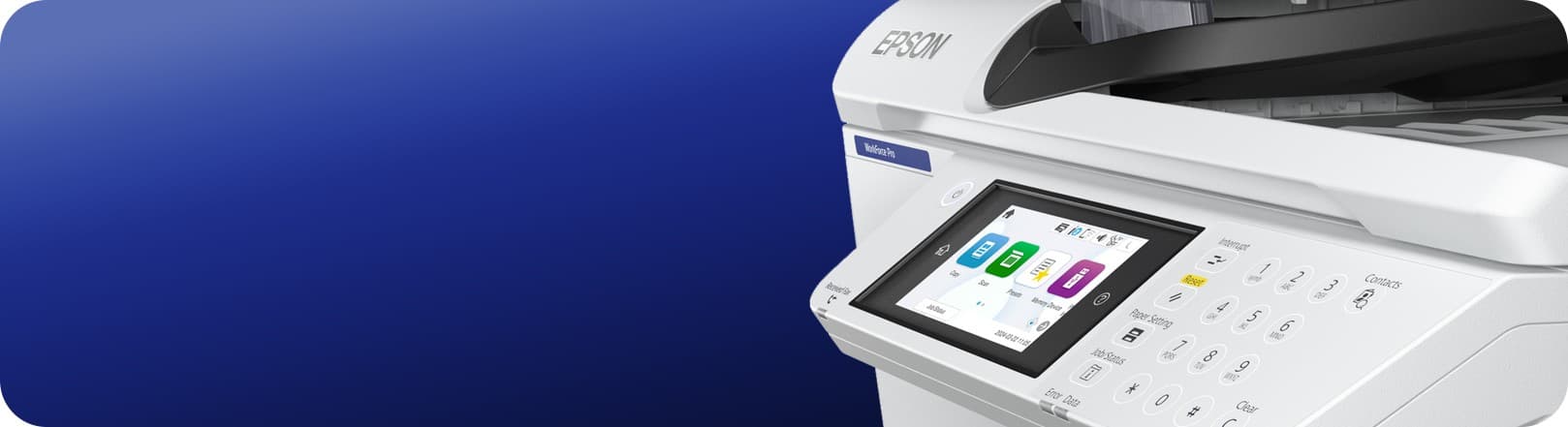 Close-up of an EPSON WorkForce Pro multifunction printer control panel