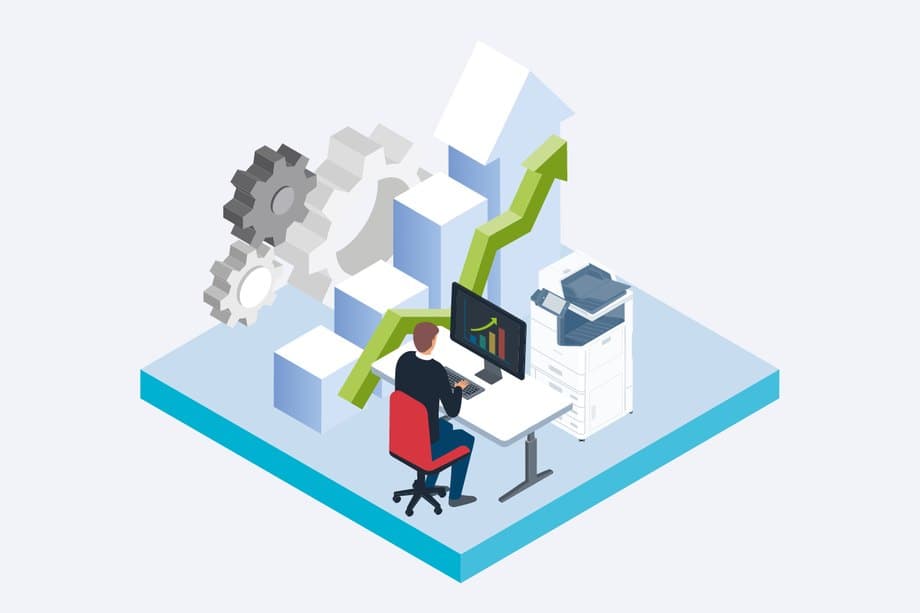 Illustration of an office worker at a desk next to an Epson printer and rising performance chart