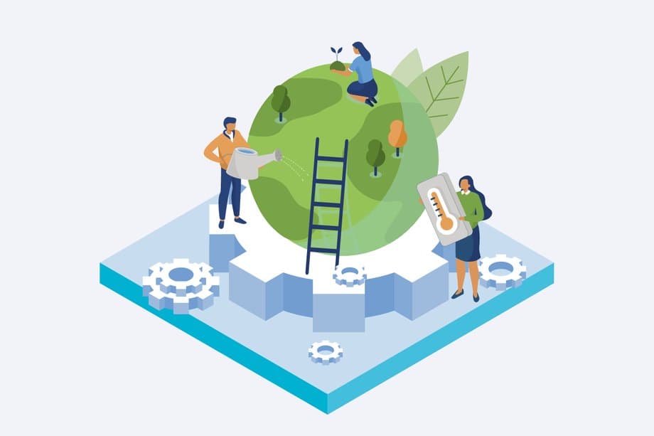 Illustration of people caring for a green globe, representing reduced waste